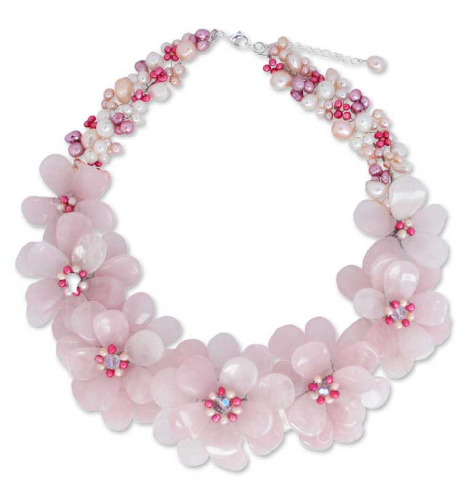 Handmade Quartz and Pearl Flower Necklace, 'Rose Aurora'