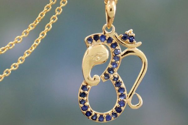 Sapphire and Gold Vermeil Necklace, 'Ganesha's Om'