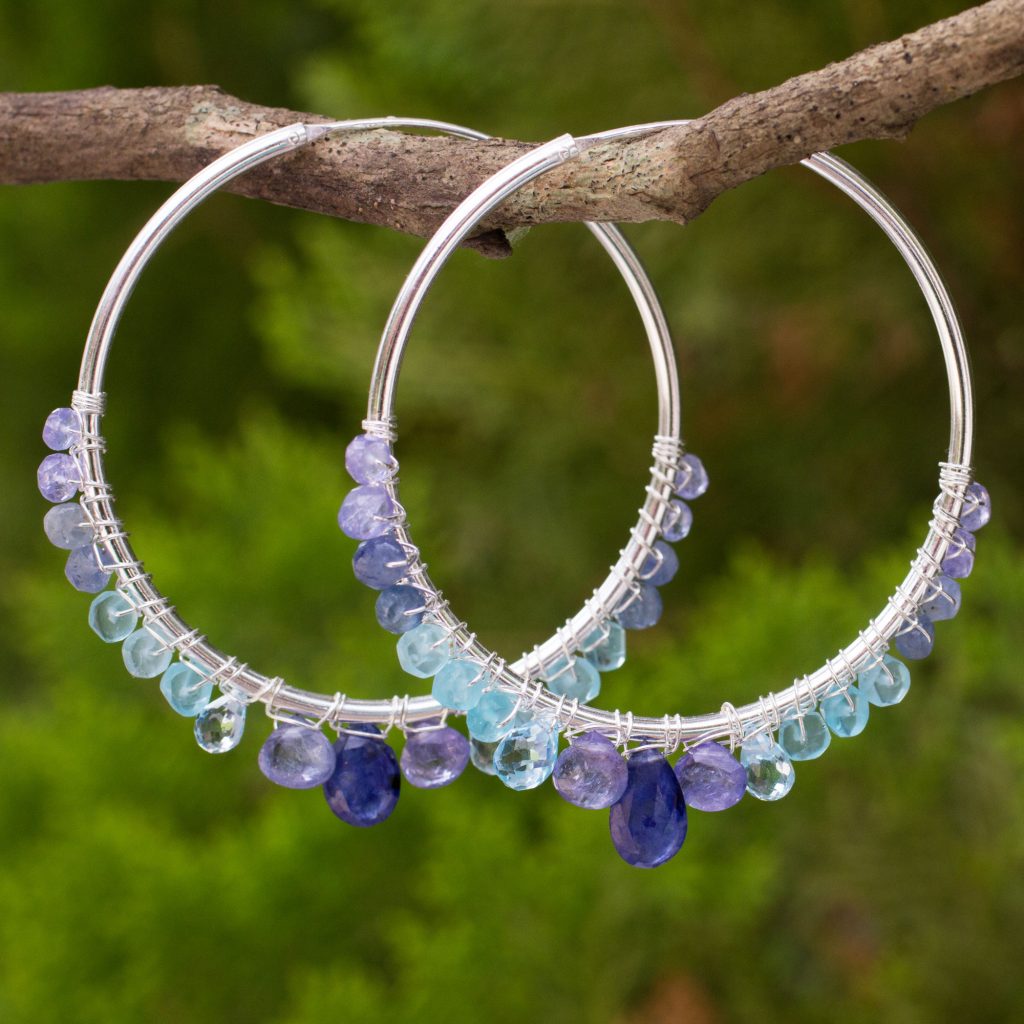 Continuous Hoop Earrings in Silver with Blue Gemstones, 'Following Sea'