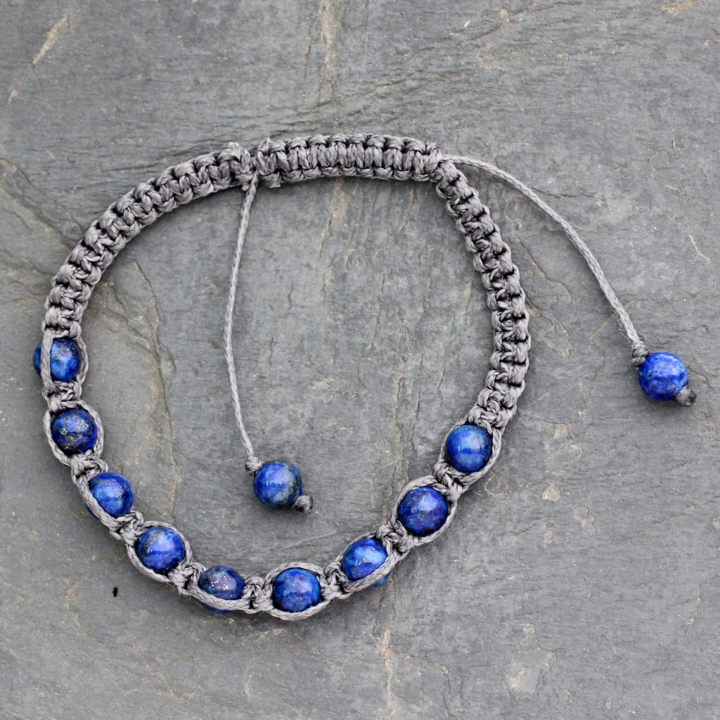 Lapis lazuli Shambhala style macrame Shamballa bracelet, 'Truth and Prayer' Chakra India NOVICA Fair Trade