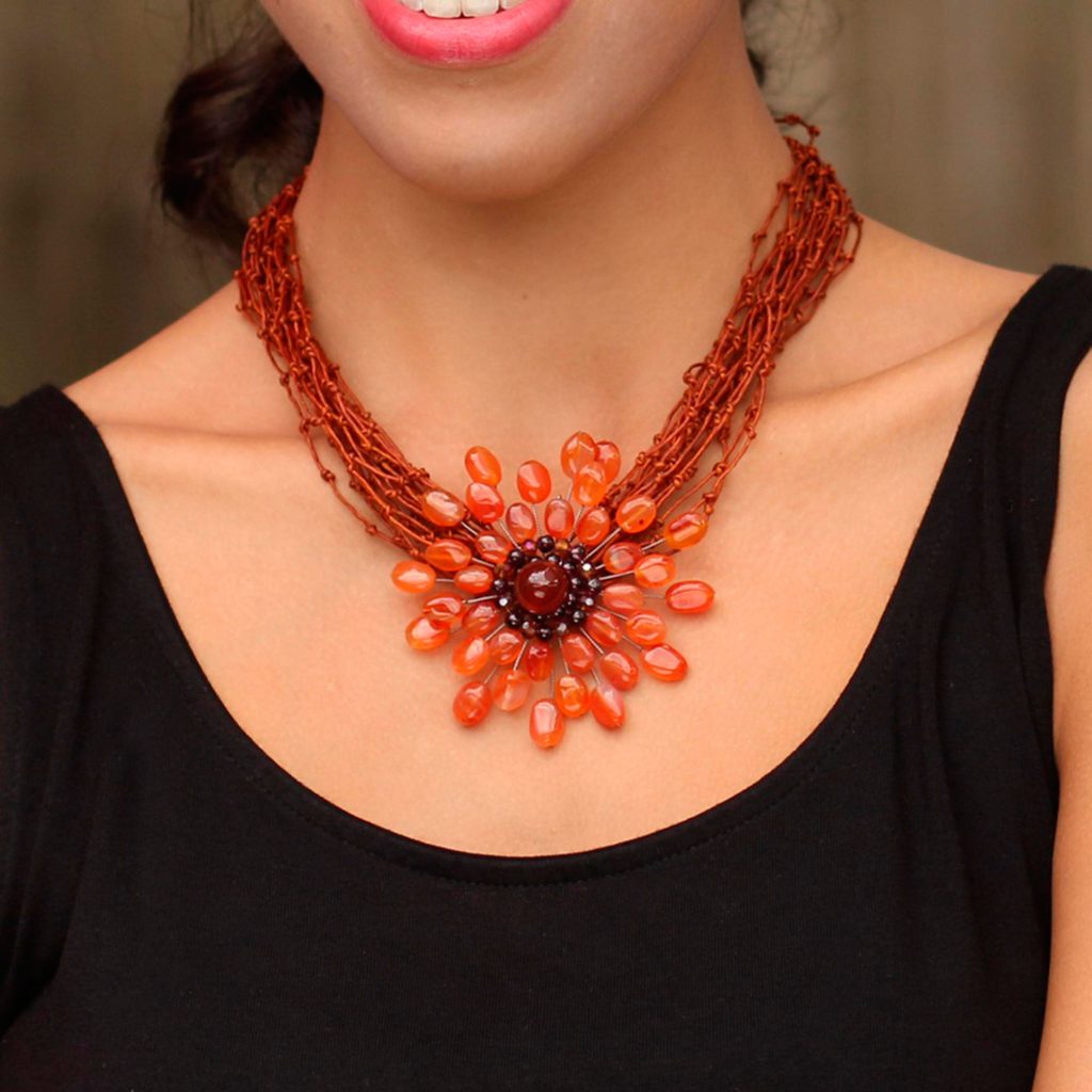 Fair Trade Floral Carnelian Necklace, 'Bold Marigold'