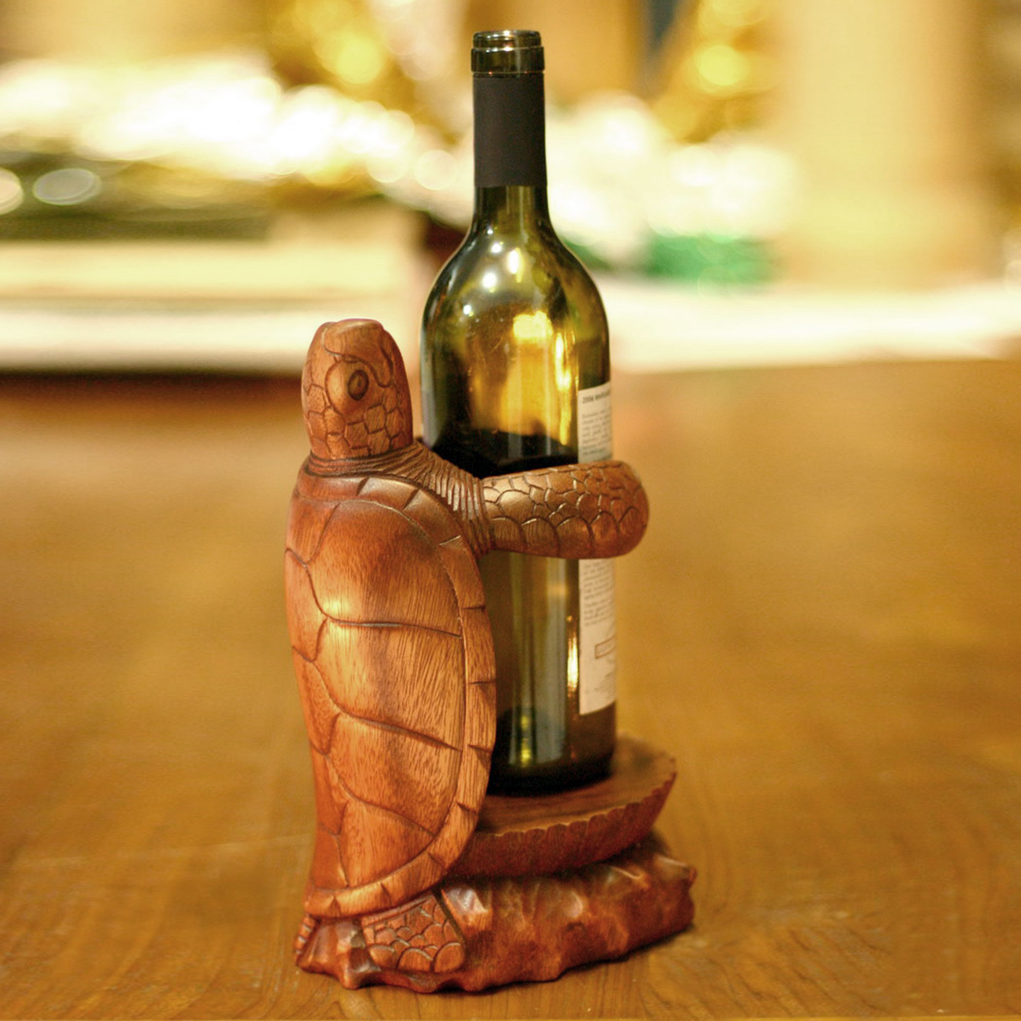 Carved Wood Turtle Wine Bottle Holder, 'Gift from the Sea'