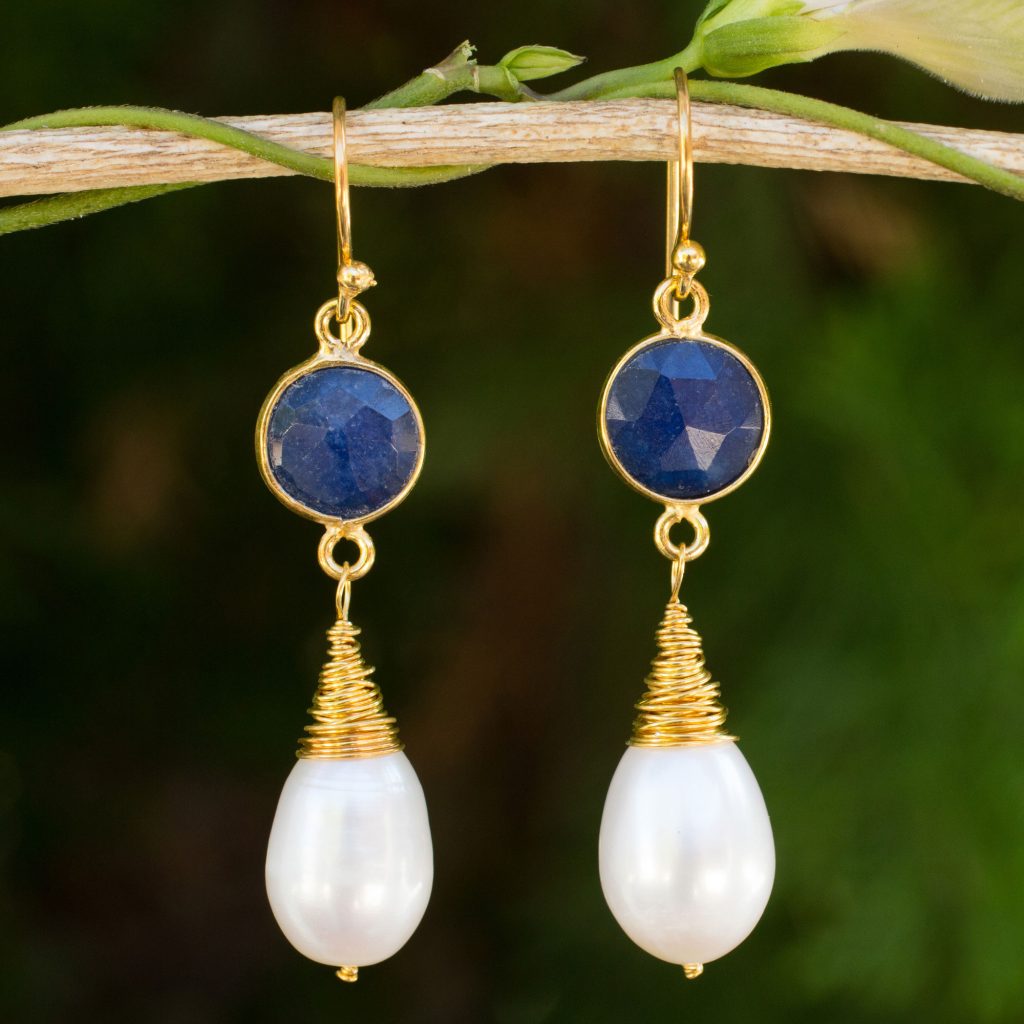 Hand Crafted Gold Plated Earrings with Pearls and Sapphires, 'Midnight Moon'