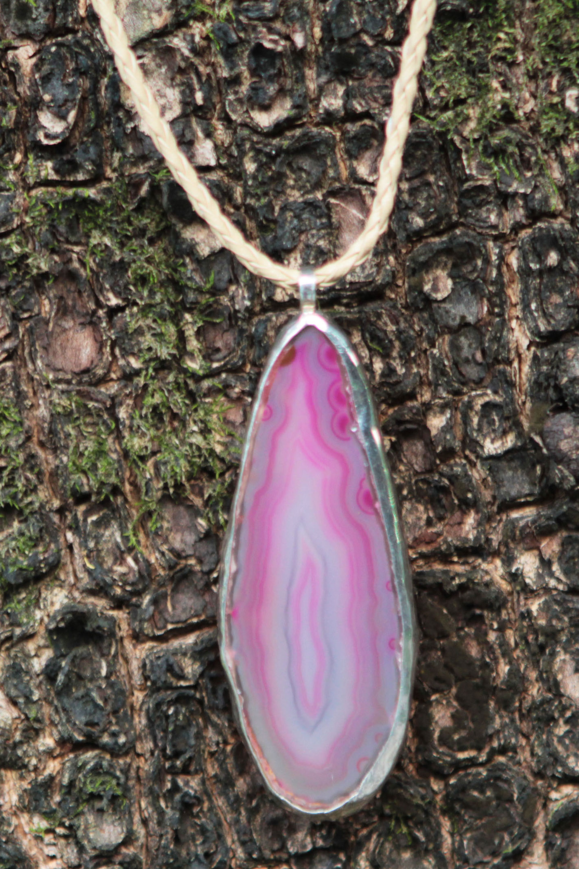 Agate and Sterling Silver on Leather Necklace, 'Uniquely Pink'