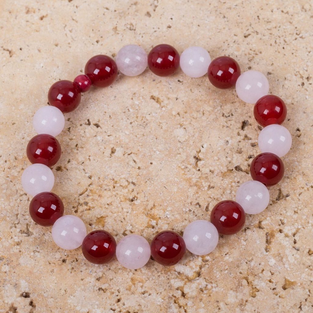 Carnelian and Rose Quartz Handcrafted Stretch Bracelet, 'Bright and Beautiful'