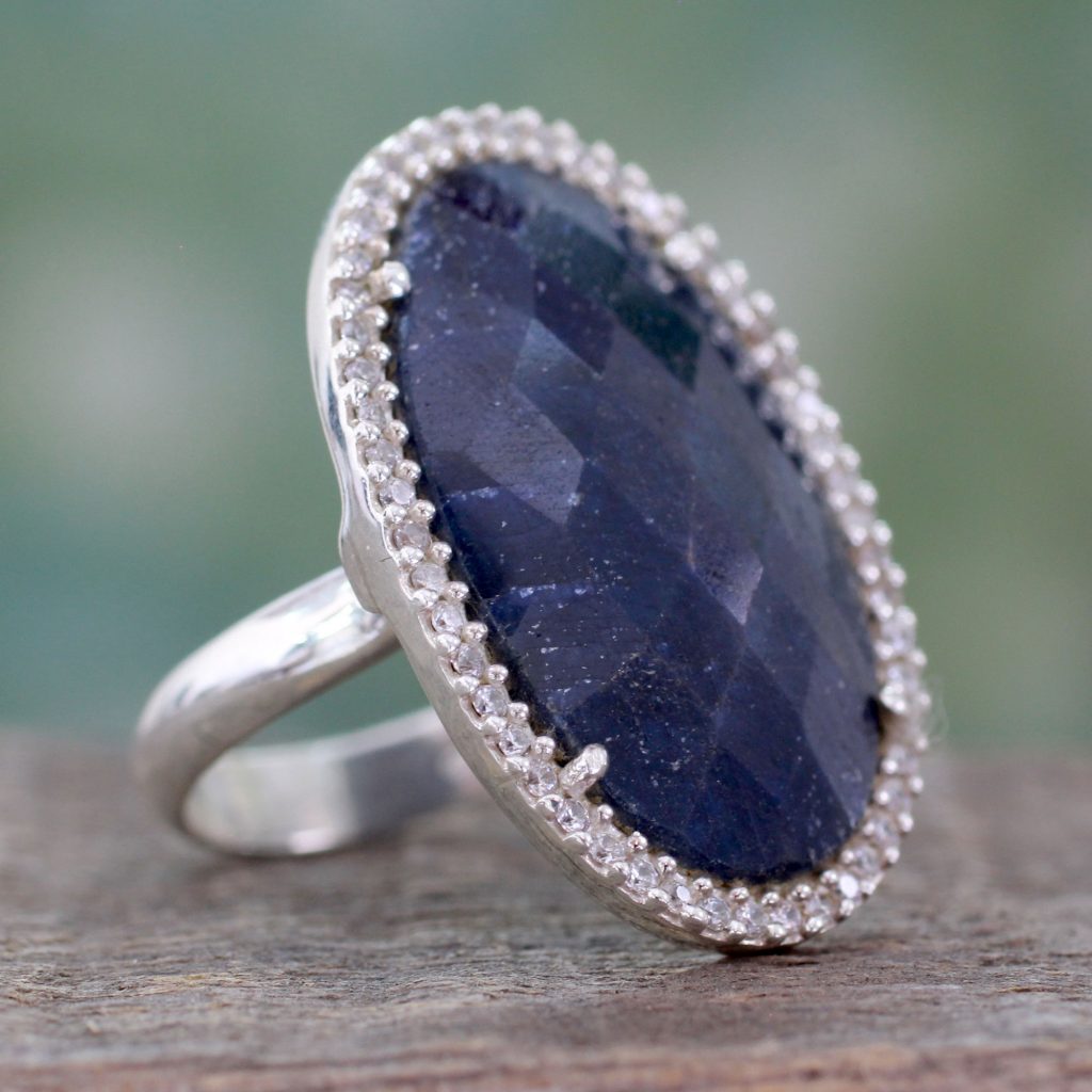 Handcrafted Enhanced Sapphire and CZ Cocktail Ring, 'Stunning Sapphire'
