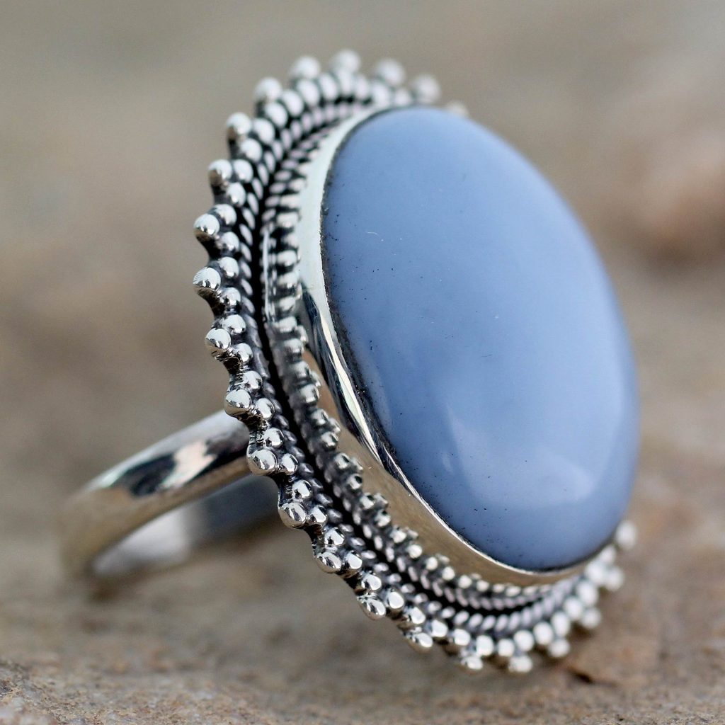 Indian Jewelry Cocktail Ring with Opal and Sterling Silver, 'Blue Promise'