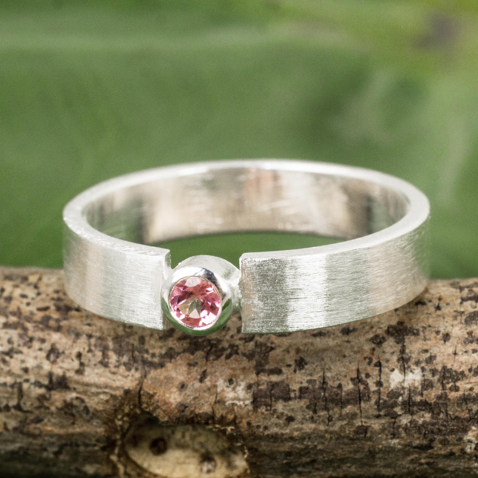 Pink Tourmaline Solitaire Ring in Brushed Satin Silver 925, 'Lanna Belle'