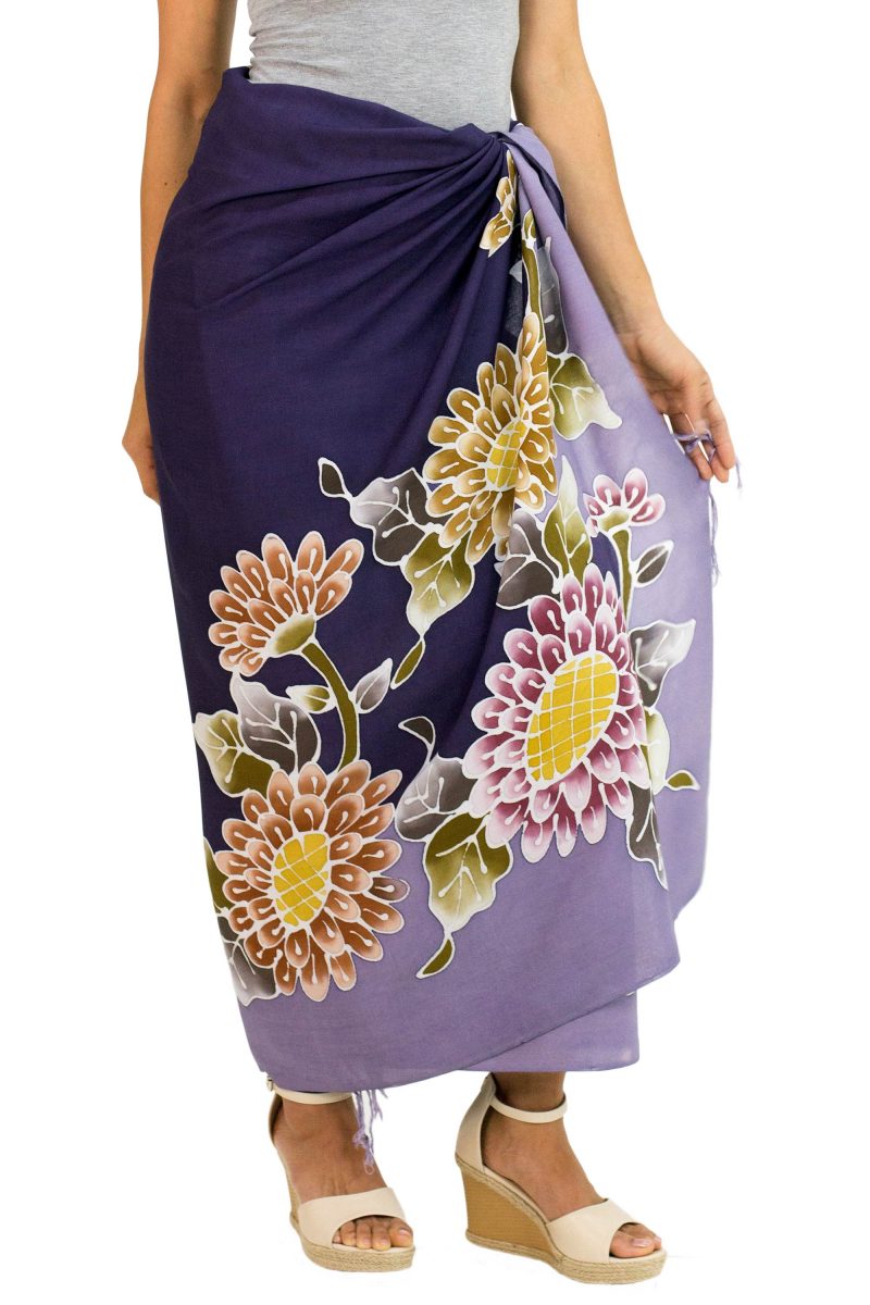 Hand Crafted Purple Rayon Sarong with Floral Motif, 'Thai Asters'
