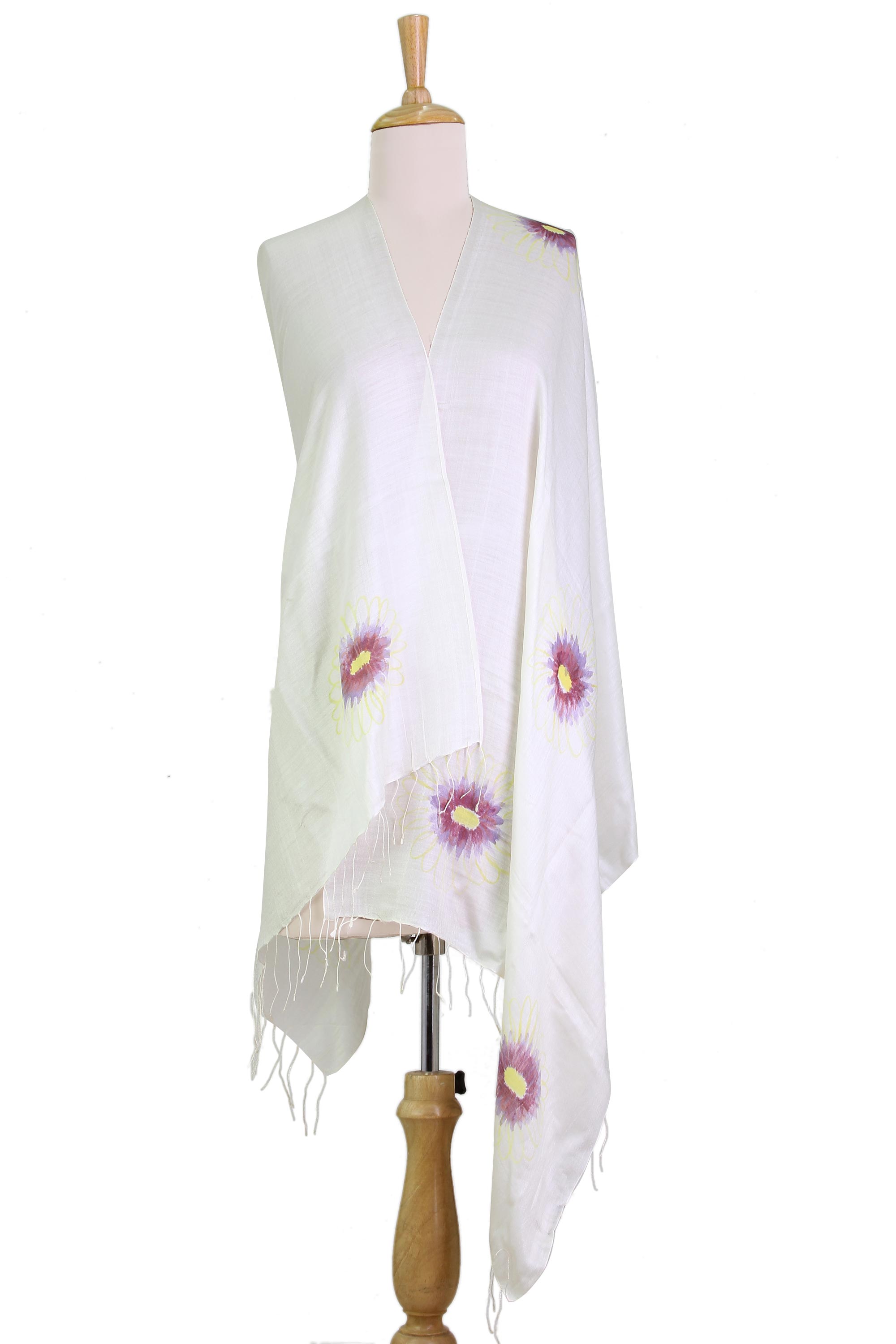 Hand Painted Silk Blend Shawl Aster Blossom from India, 'Aster Memories'