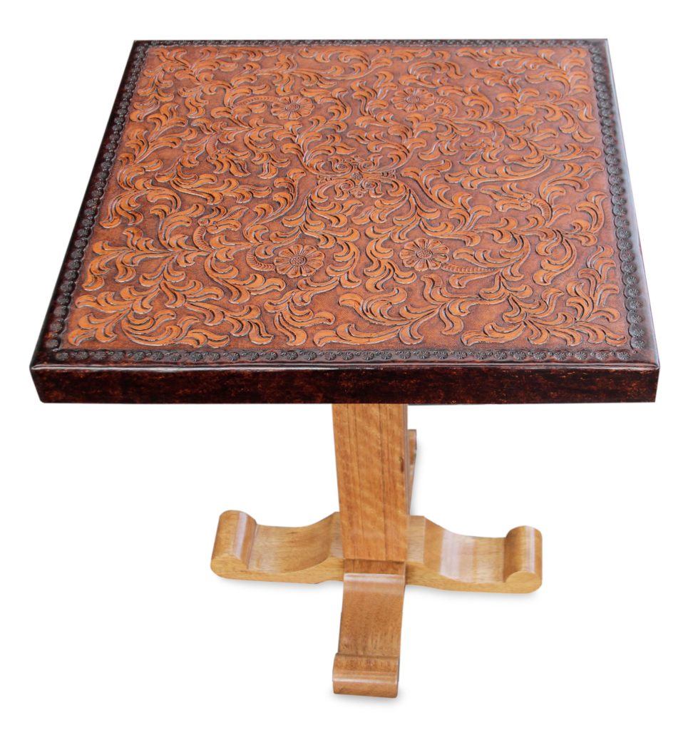 Colonial Wood Leather Brown Side Table Furniture, 'Colonial Marigold'