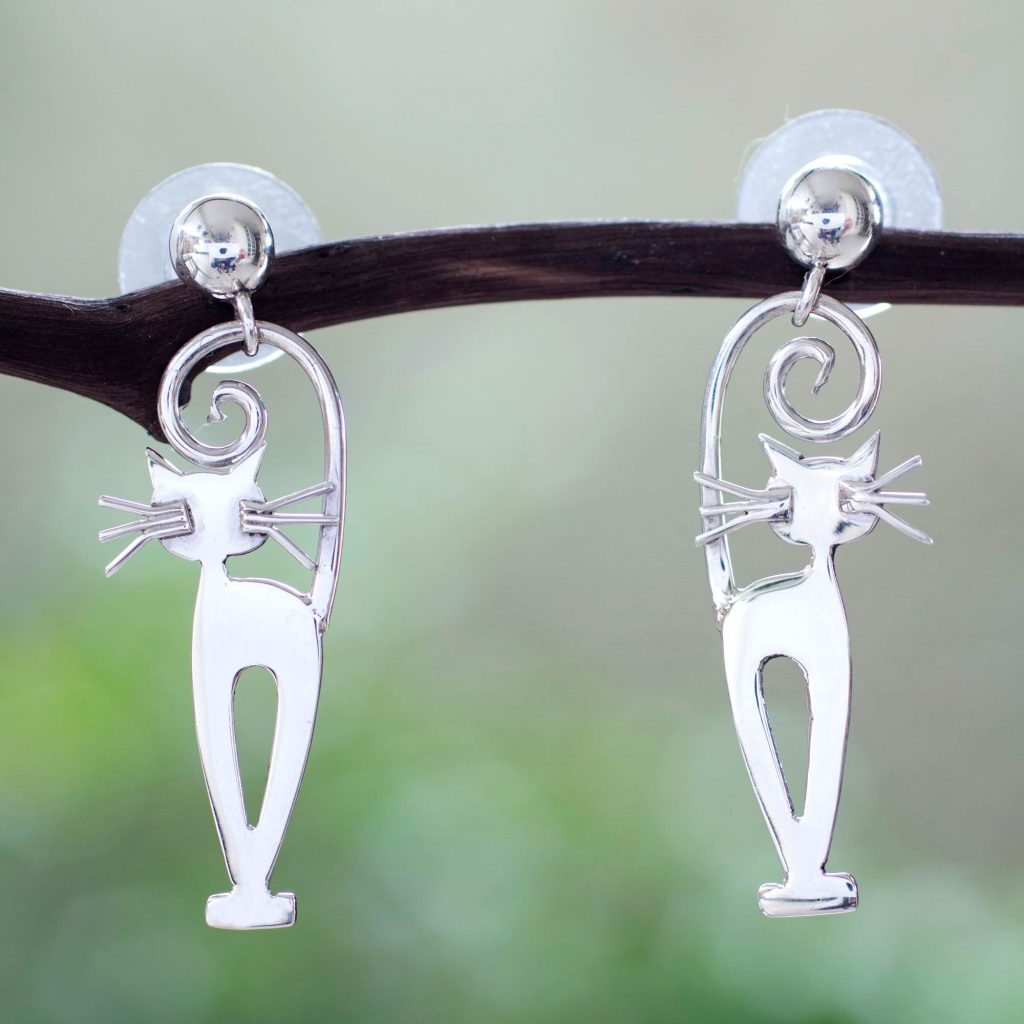 Taxco Silver Kitty Cat Earrings, 'Taxco Cat' Sterling dangle posts NOVICA Mexico