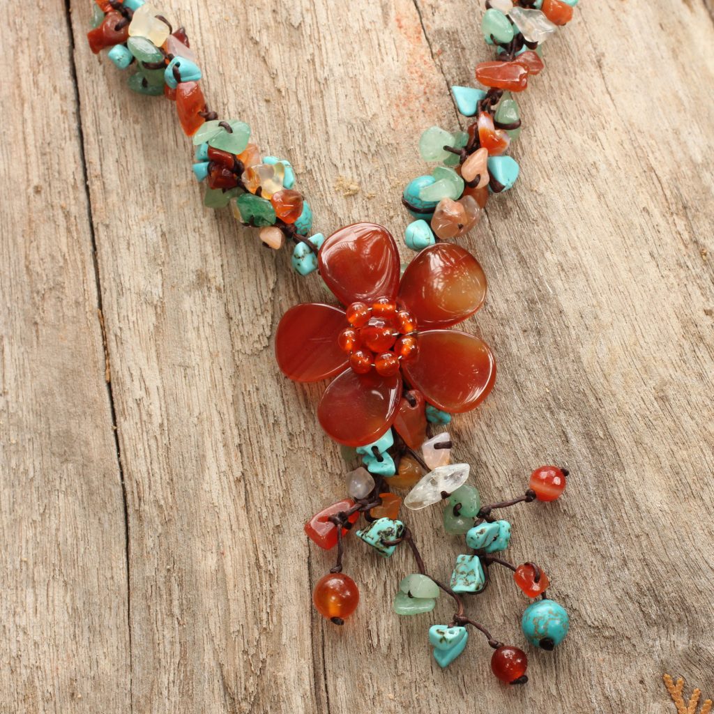 Agate and Carnelian Y Necklace, 'Summer Flower'