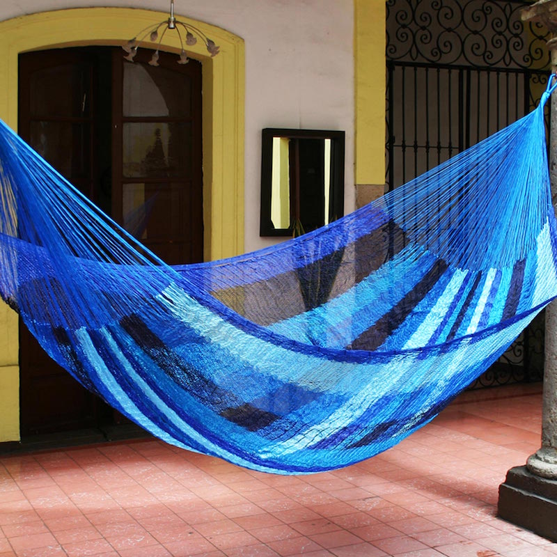 Collectible Striped Mayan Hammock (Double), 'Blue Caribbean' hand woven