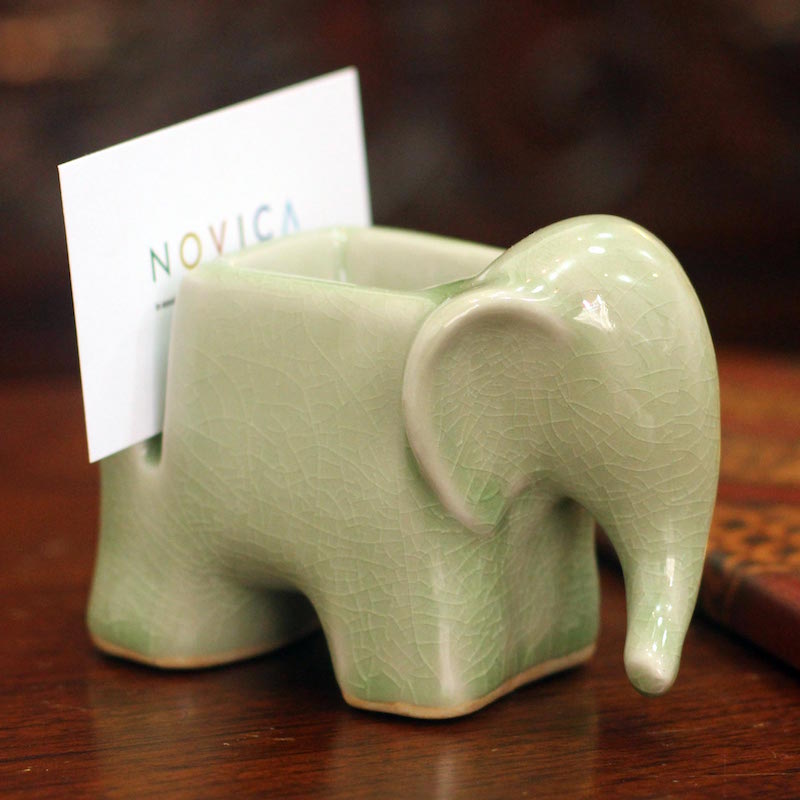 Celadon Ceramic Card Holder 'Green Elephant' paper clips professional gifts NOVICA