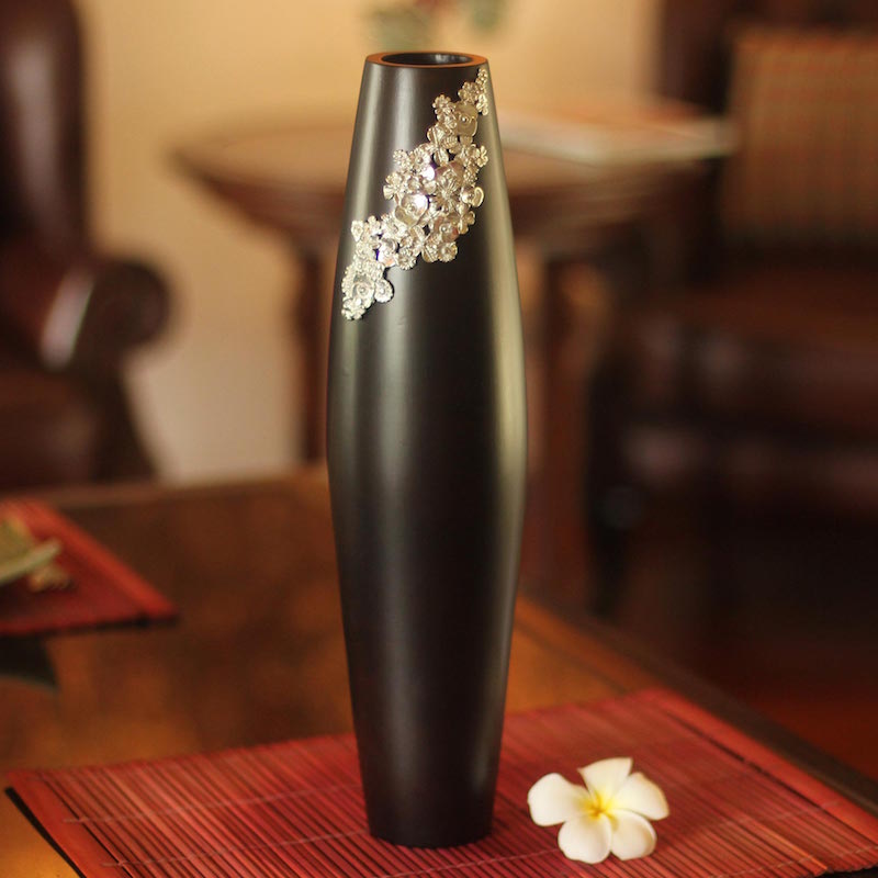 Handmade Floral Mango Wood Vase, 'Thai Garden' Black cylindrical