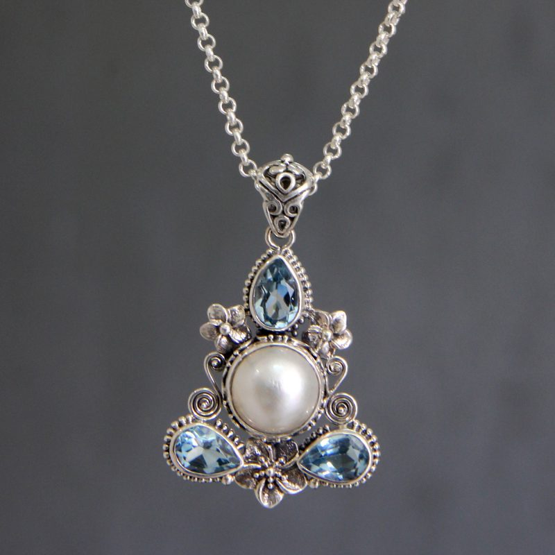 frangipani trio pearl and blue topaz-necklace intricate sterling silver pendant and chain NOVICA