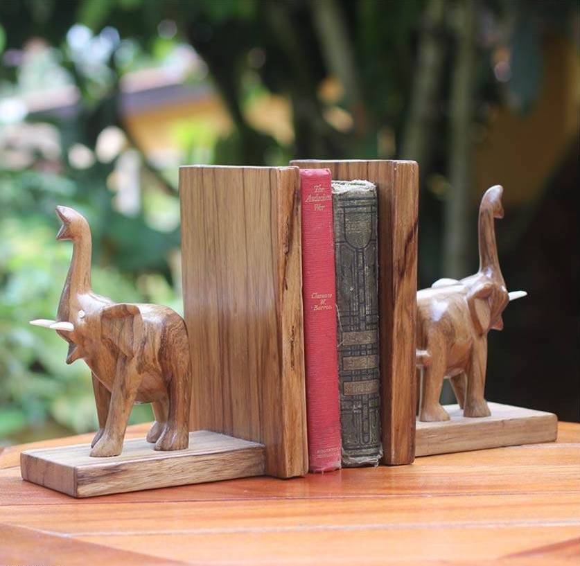 Hand Carved Wood Bookends from Africa (Pair), "Good Luck Elephant"