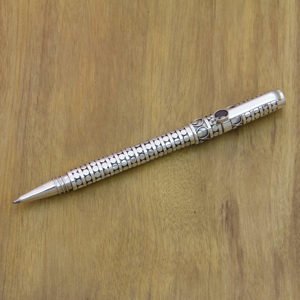 Handcrafted Ballpoint Pen in Sterling Silver with Garnet, "Polka Dot"