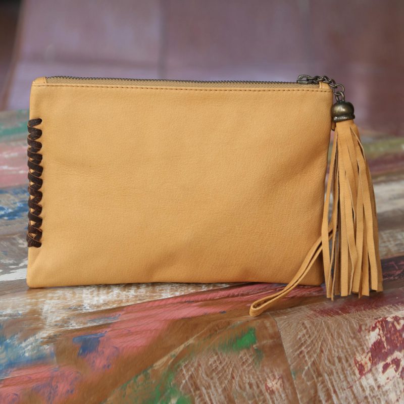 Leather wristlet clutch bag Cool Caramel tassel bali handmade NOVICA