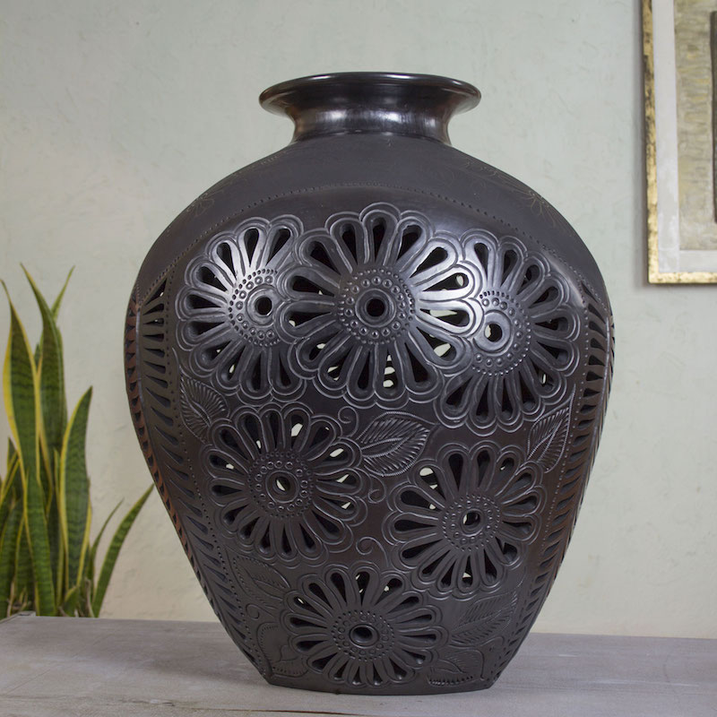 oaxaca black pottery decorative ceramic vase black marigold Artisan crafted collectible display art