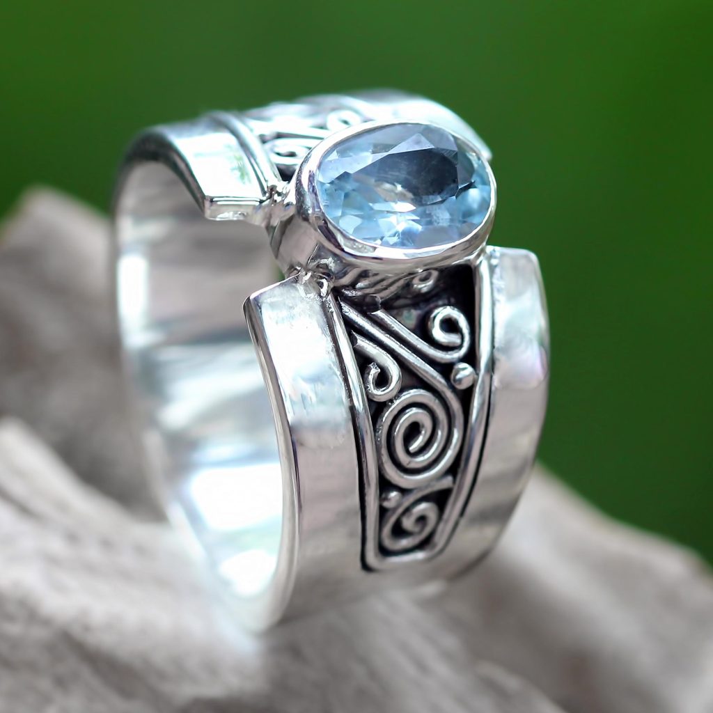 blue topaz cocktail ring sterling silver oxidized artisan hand crafted NOVICA