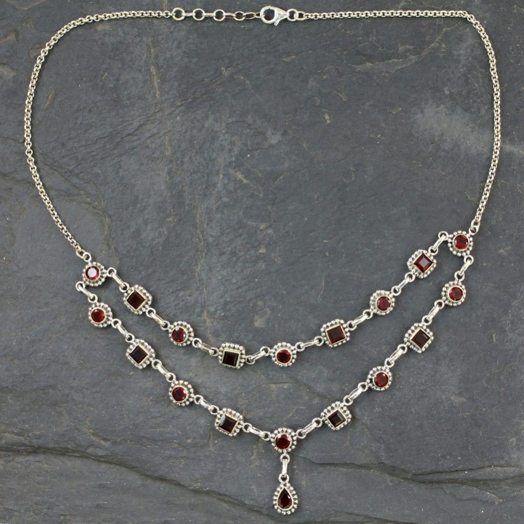 Sterling Silver Y Necklace Garnet Necklace Indian Jewelry, 'Crimson Rain'