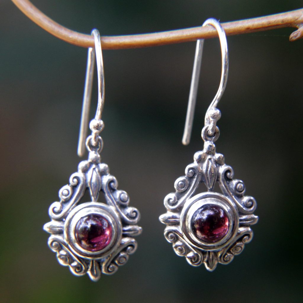 Sterling Silver Garnet Dangle Earrings, 'Heart of Peace'