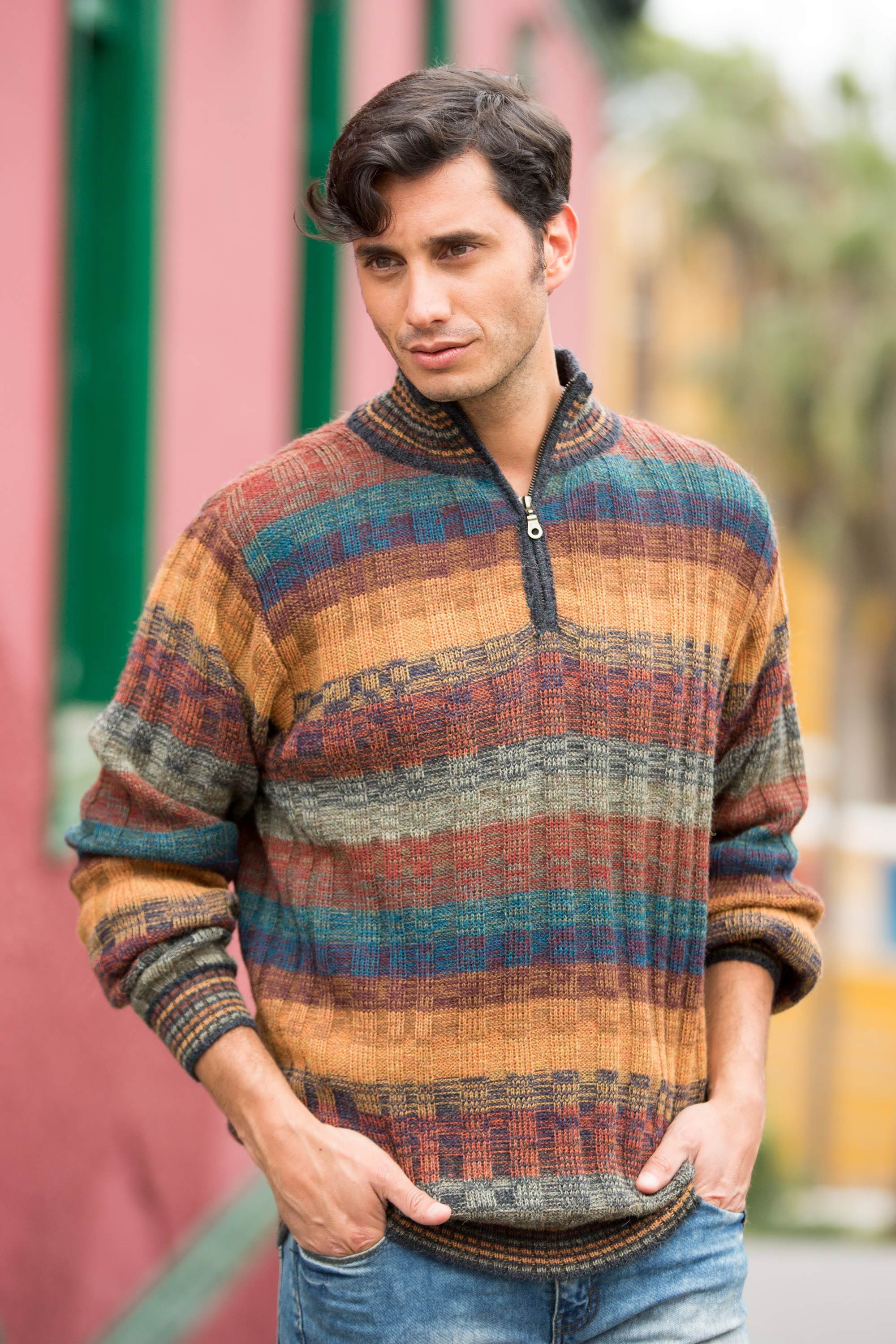 Peruvian 100% Alpaca Men's Zip-Turtleneck Hand Knit Sweater, 'Voyager'