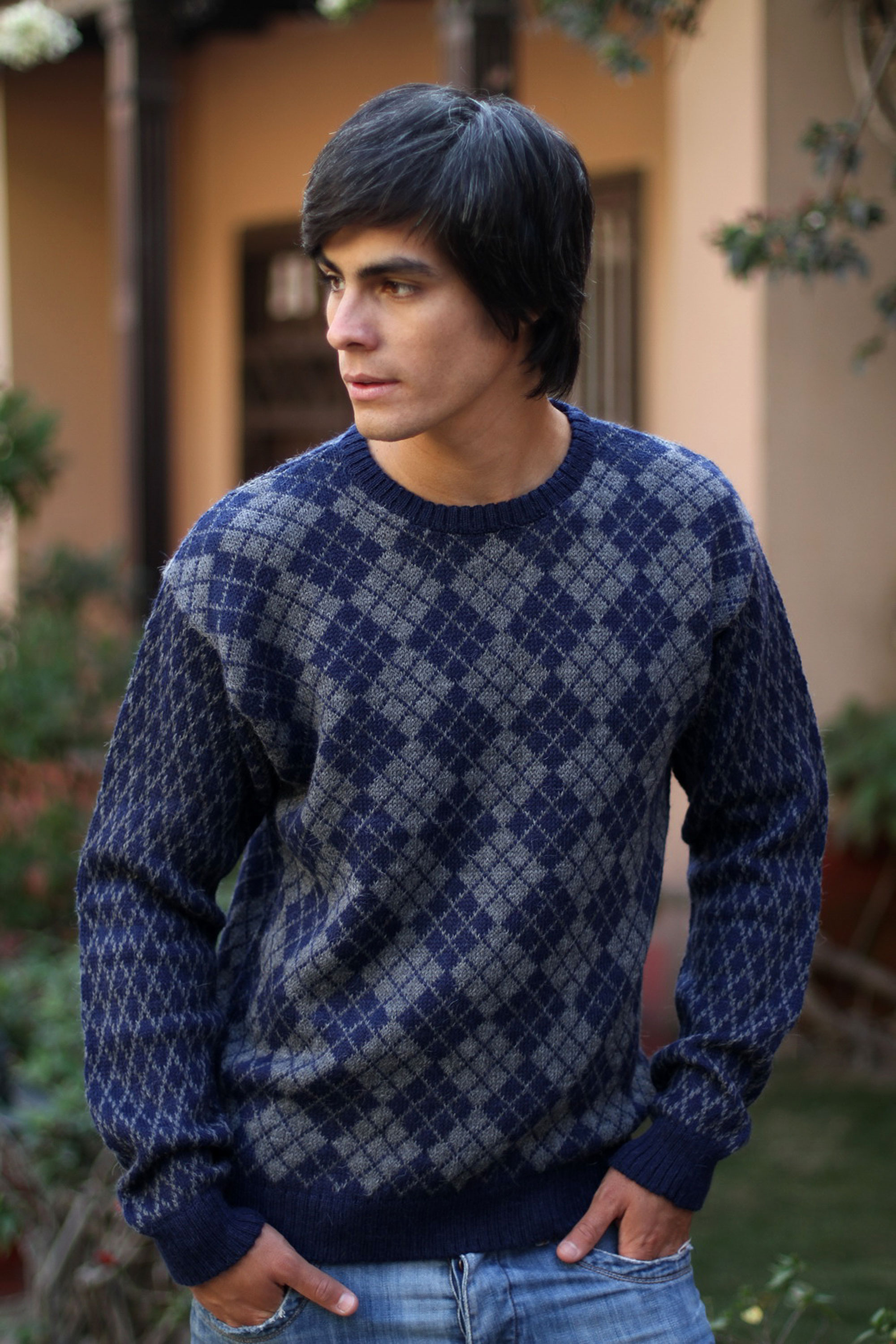 Men's Geometric Alpaca Patterned Pullover Sweater, 'Blue Argyle'