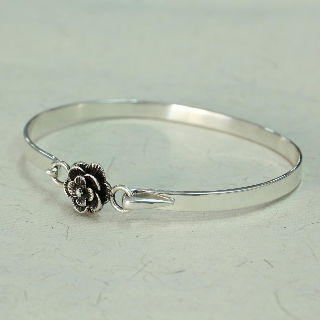 Hand Made .925 Sterling Silver Rose Bracelet from India, 'Rose Beauty'