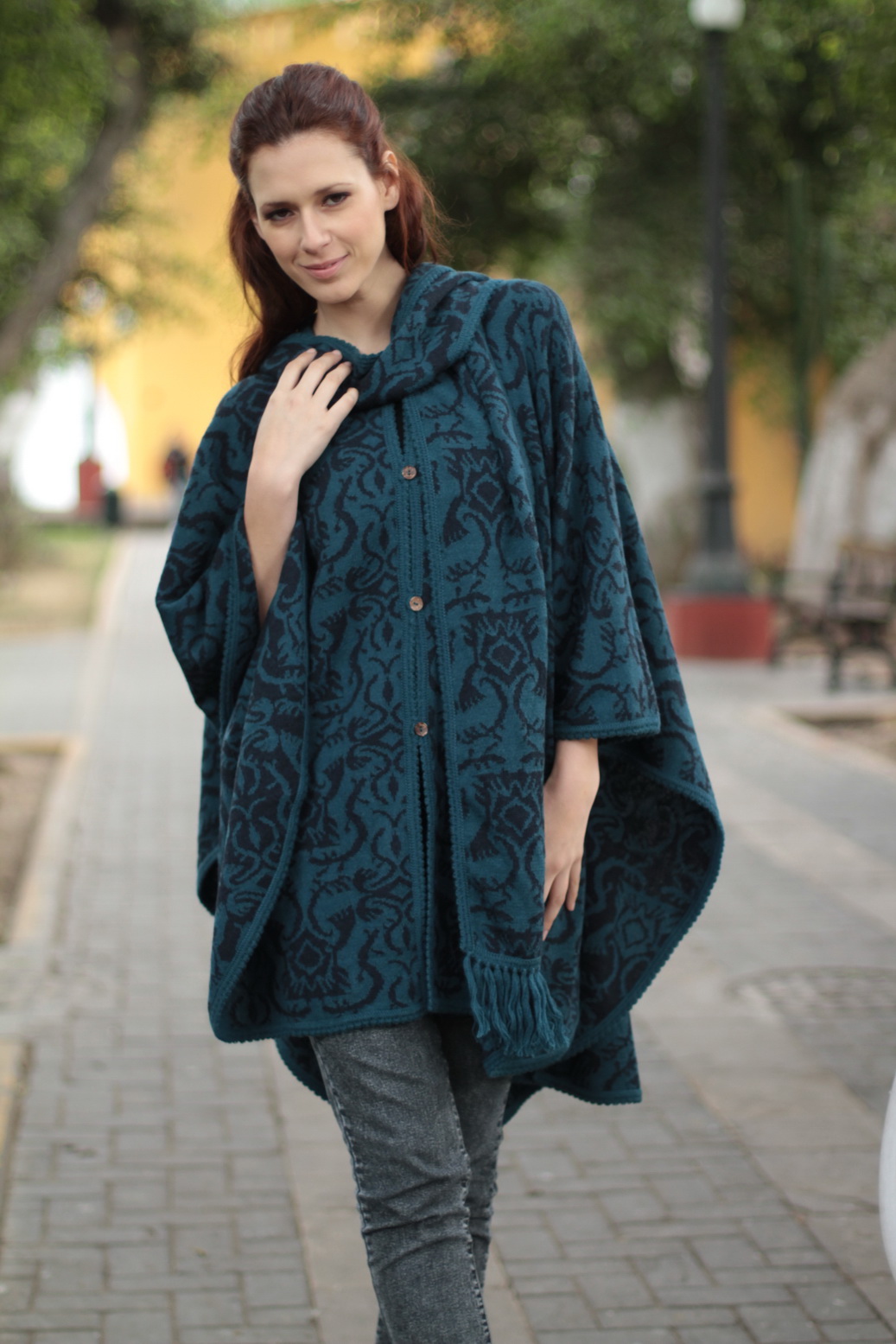 Unique Women's Alpaca Wool Blend Patterned Poncho, 'Lima Flora'