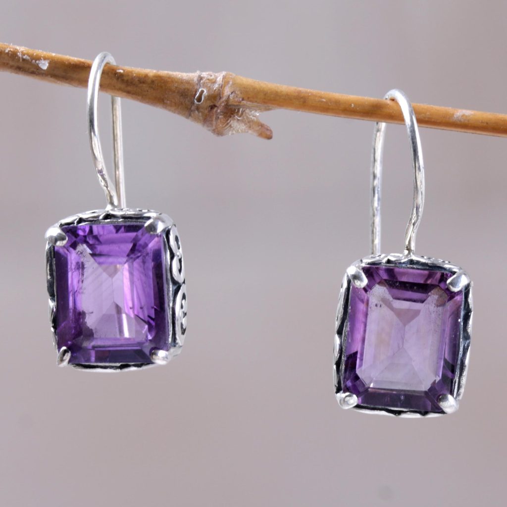 Amethyst Drop Earrings Handmade in Indonesia, 'Imagine' sterling silver dangle fair trade