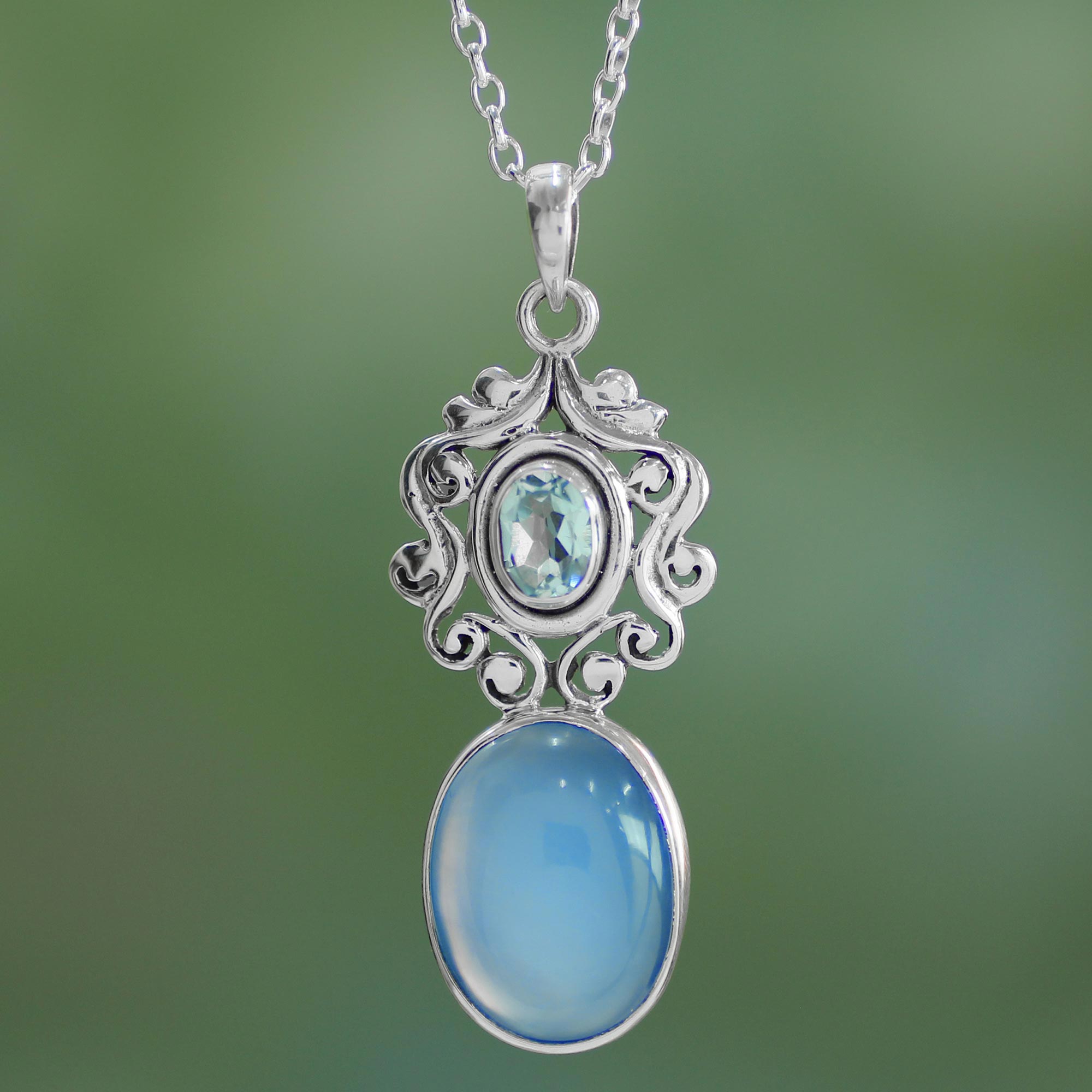 Chalcedony and blue topaz pendant necklace, 'Harmonious Blue' sterling silver chain NOVICA fair trade