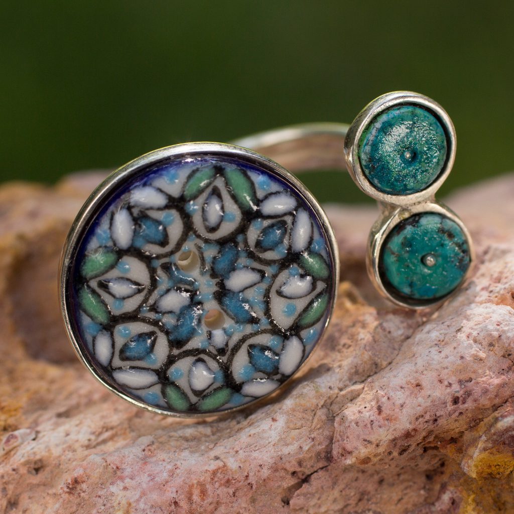 Sterling silver and ceramic wrap ring, 'Sublime Serenity' Button Modern Contemporary NOVICA Fair trade