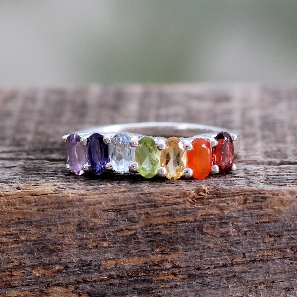 Multi Gemstone Sterling Silver Ring Chakra Jewelry, 'Positivity' Fair Trade