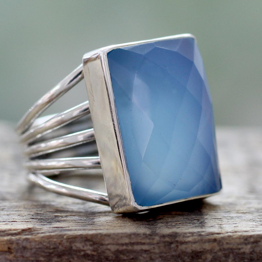 Artisan Crafted Chalcedony and Sterling Silver Cocktail Ring, 'Sky Reflection'