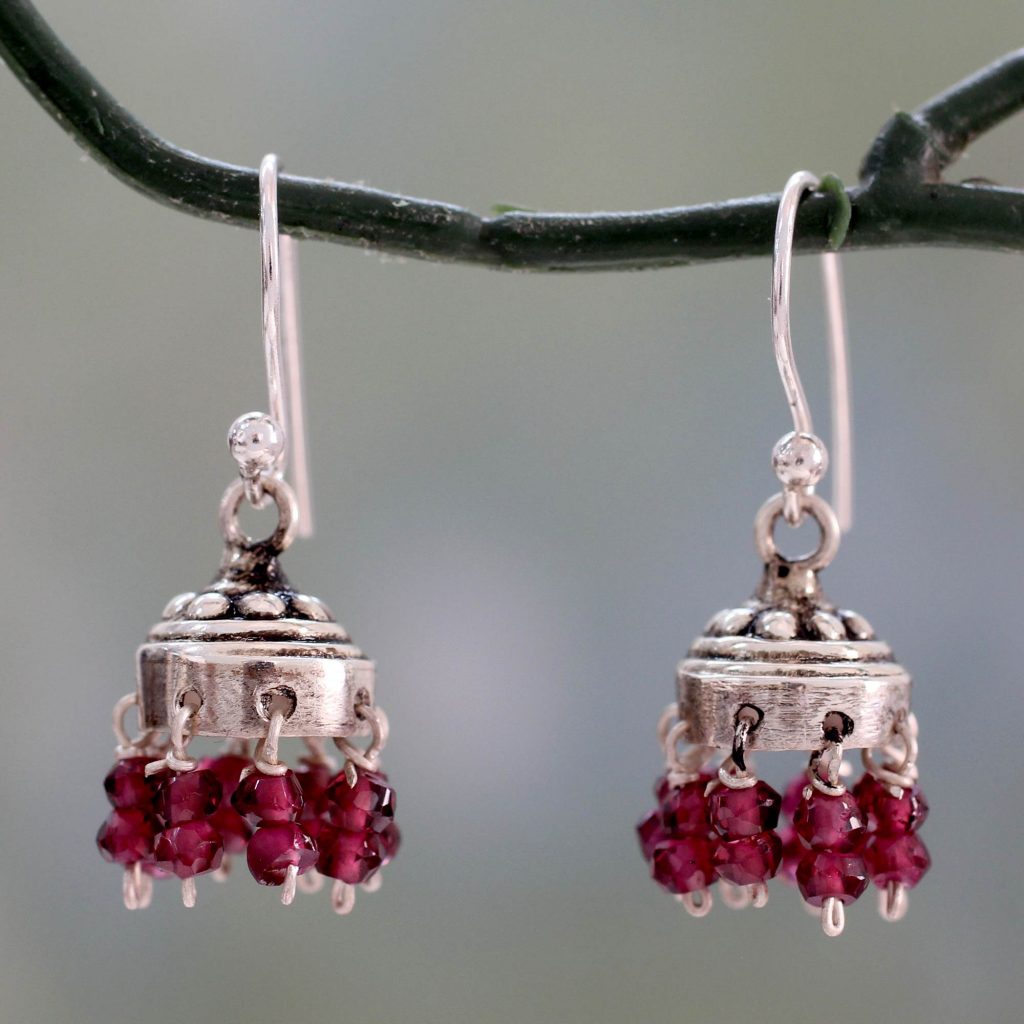 Jhumki Style Earrings with Sterling Silver and Garnets, 'Traditional Grace'