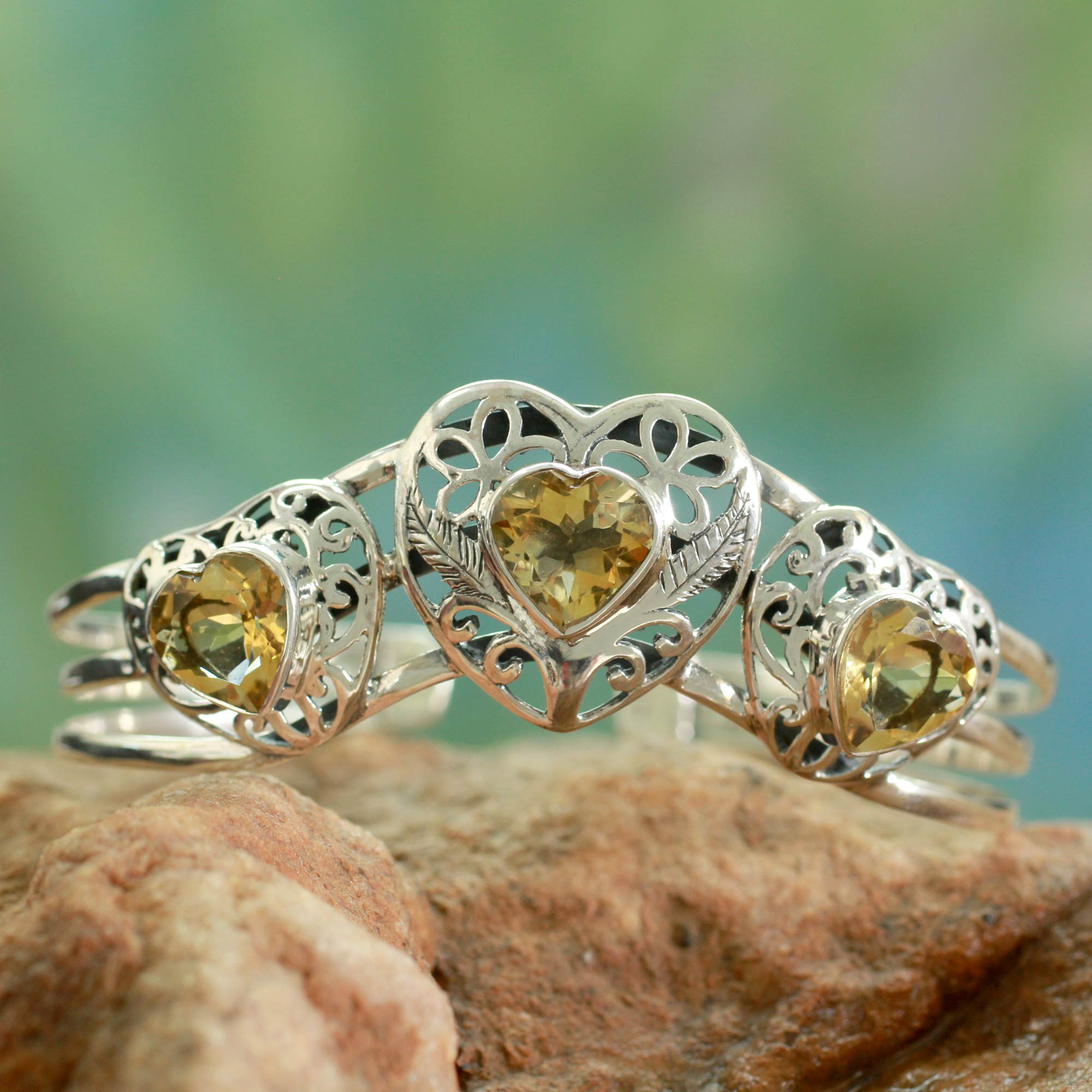 Citrine cuff bracelet, 'Golden Hearts' sterling silver artisan-made NOVICA Fair trade