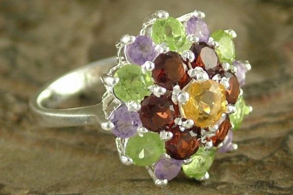 Amethyst and Garnet Sterling Silver Cluster Ring from India, 'Floral Bouquet'