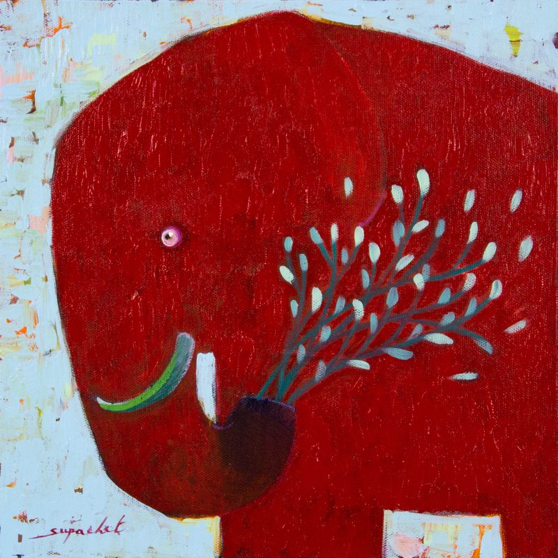 Original Signed Thai Red Elephant Painting, 'Blue Blooming' Naif Fine Art Fair Trade NOVICA