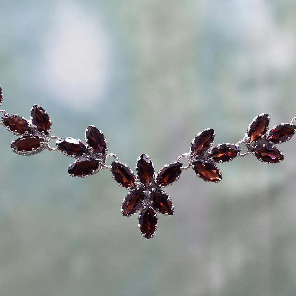 Garnet Sterling Silver Y Necklace India Artisan Jewelry, 'Gujarat Princess' NOVICA Fair Trade