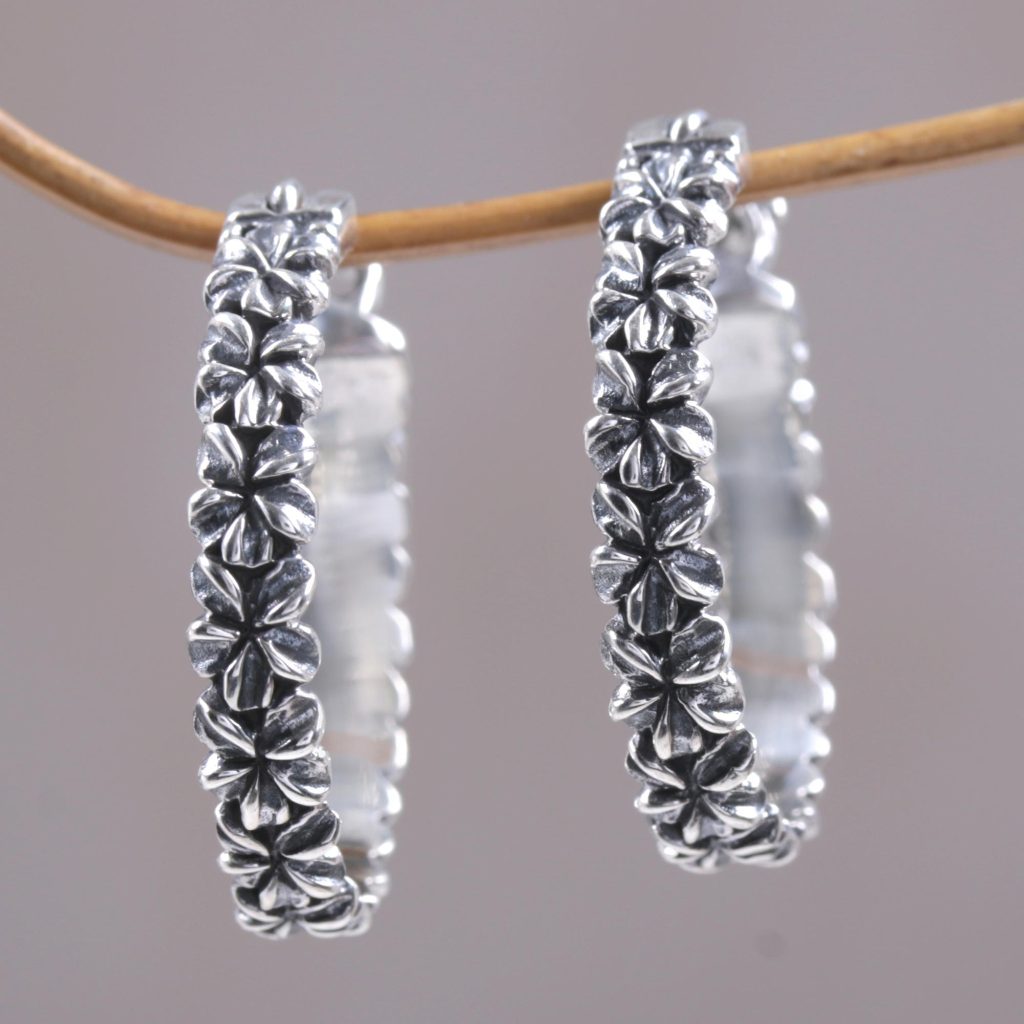 Artisan Crafted Intricate Floral Sterling Silver Hoop Earrings, 'Frangipani Garland' fair trade
