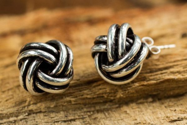 Artisan Crafted Silver Stud Earrings, 'Double Love Knot'
