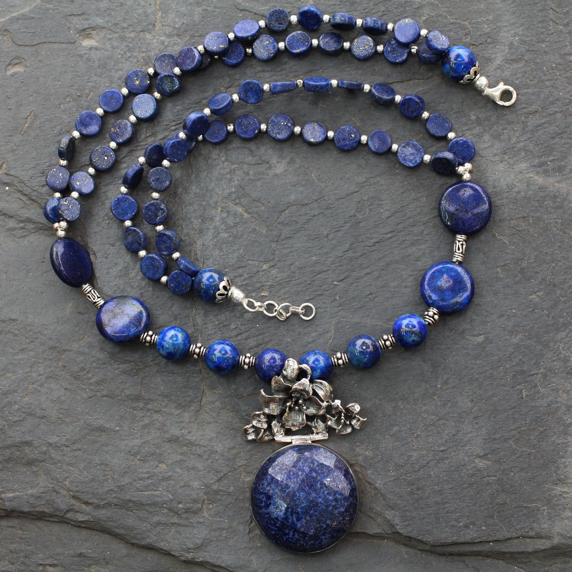 Lapis Lazuli Sterling Silver and Chalcedony Necklace, 'Regal Blue'