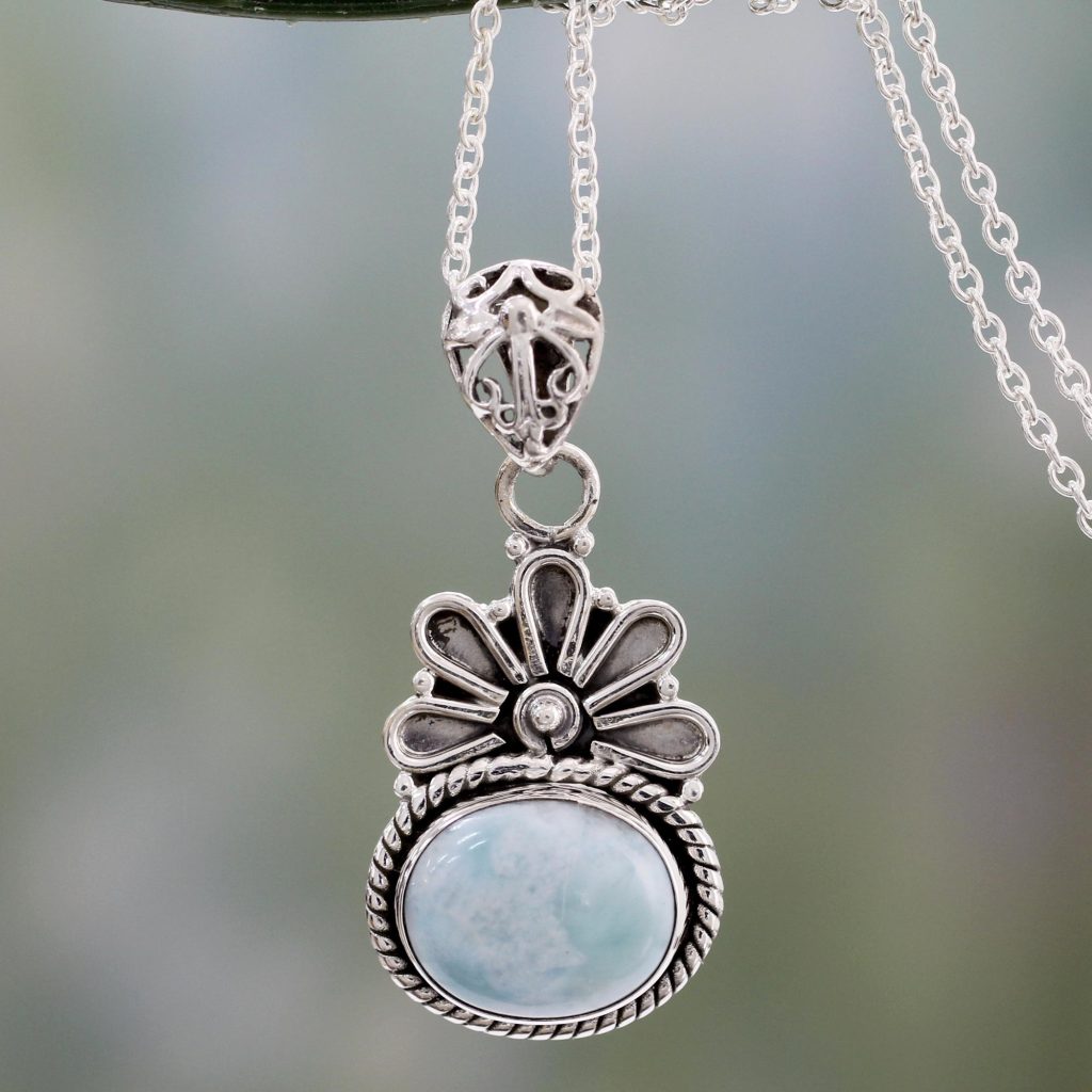 Pendant Necklace with Larimar and Sterling Silver 925, 'Heaven on Earth' NOVICA Fair Trade