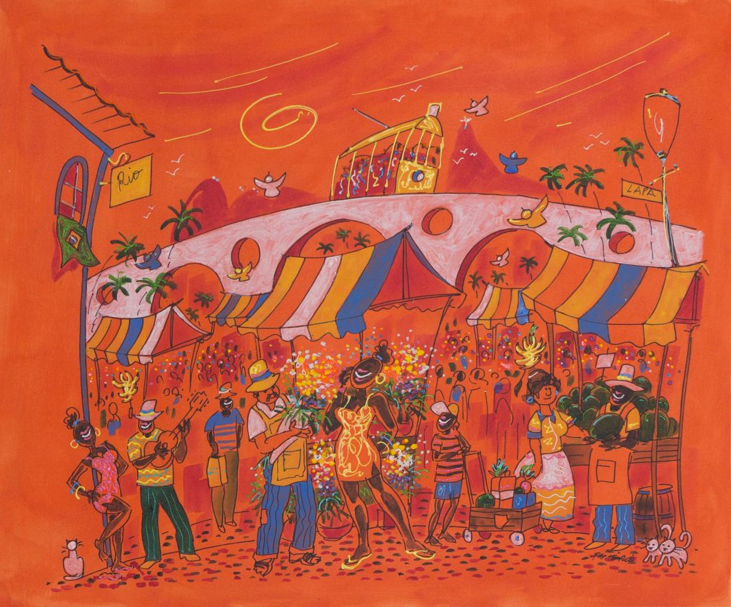 Original Brazil Fine Art Naif Painting in Orange, 'Market of Flowers' NOVICA Fine Art