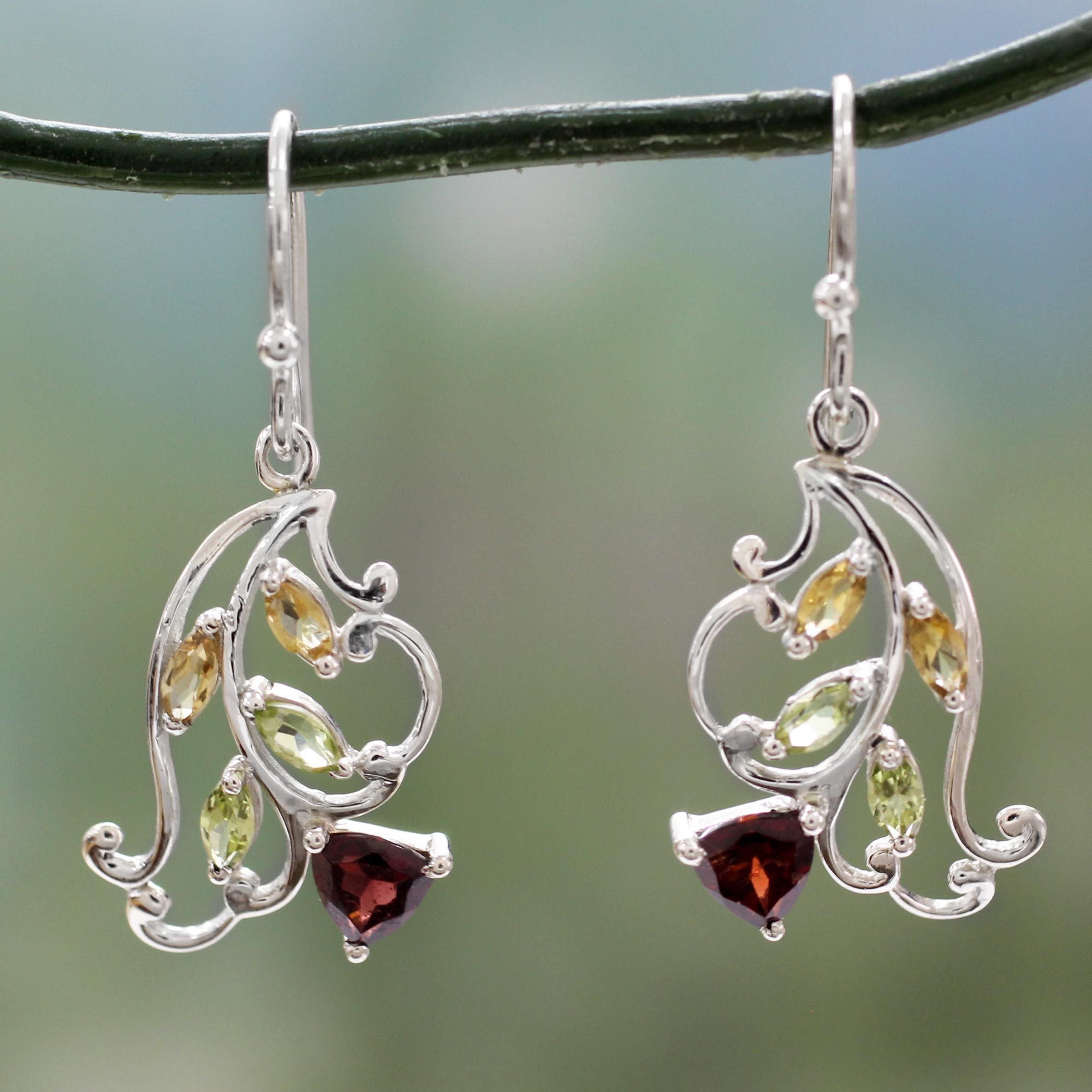 Multigemstone Flower Earrings Crafted with Sterling Silver, 'Rosebud Glory' Citrine, peridot, garnet