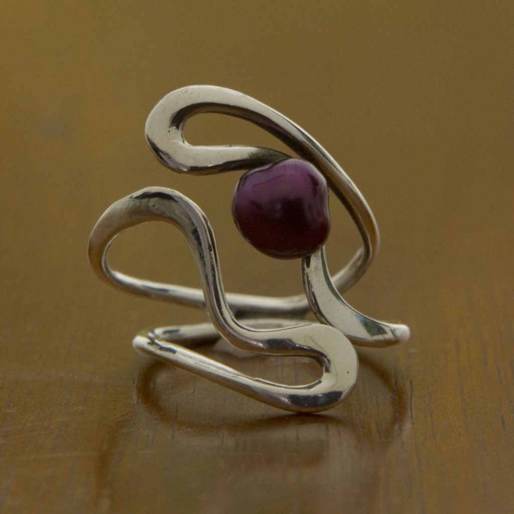 Artisan Crafted Burgundy Pearl and Sterling Silver Ring, 'Winding Paths'