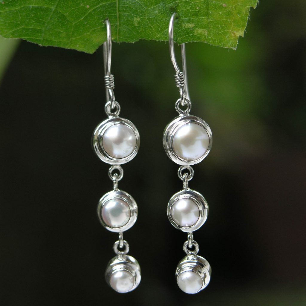 Pearl Sterling Silver Dangle Earrings, 'Three Full Moons' fair trade novica